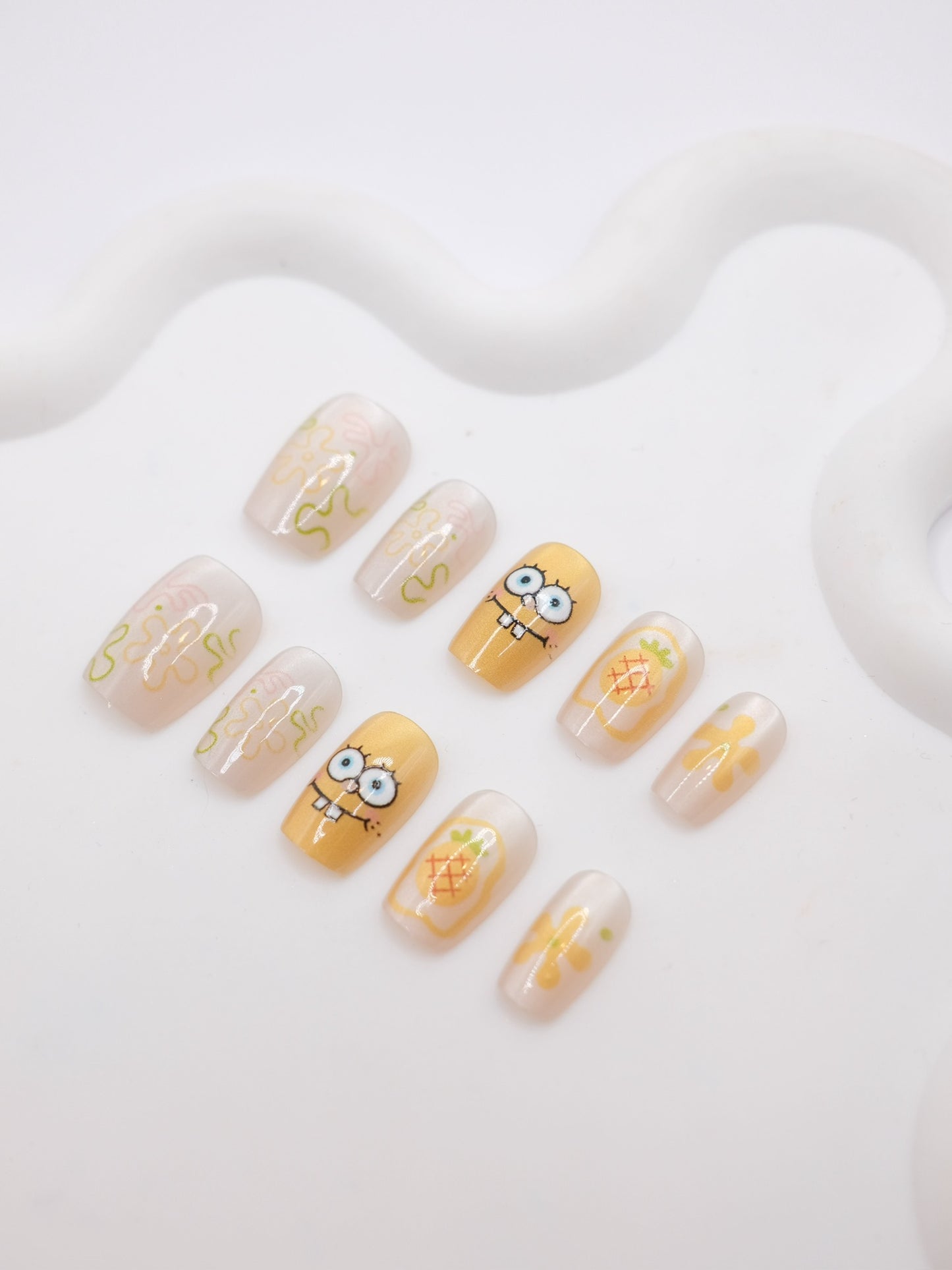 Short Coffin Yellow Cute Spongebob Press On Nails