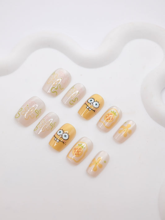 Short Coffin Yellow Cute Spongebob Press On Nails