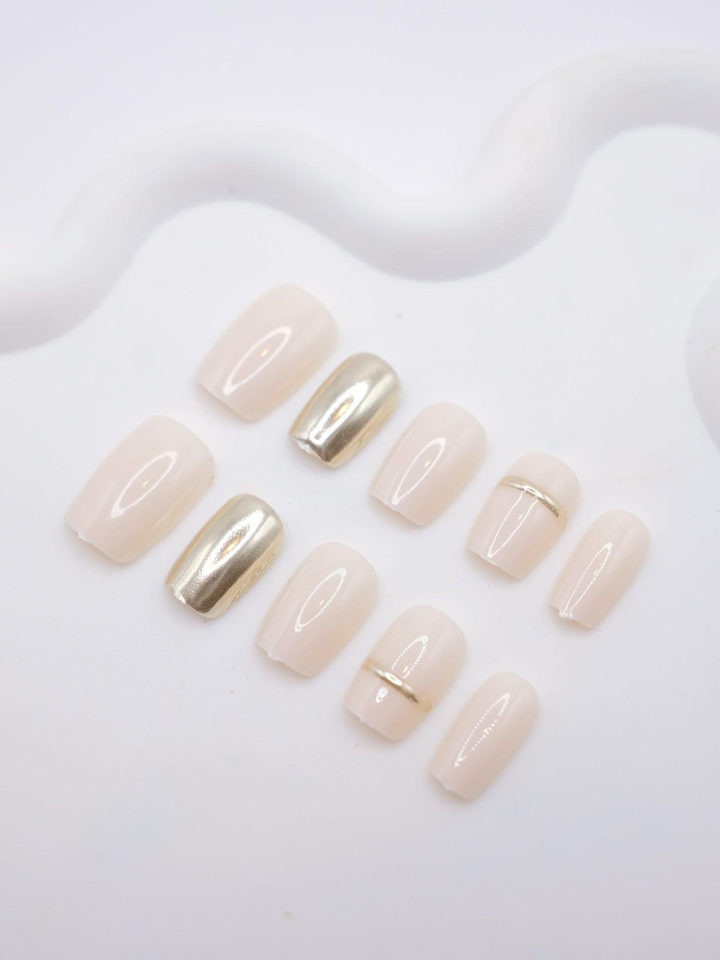 Short Coffin Creamy White & Golden Embossed Line Press On Nails