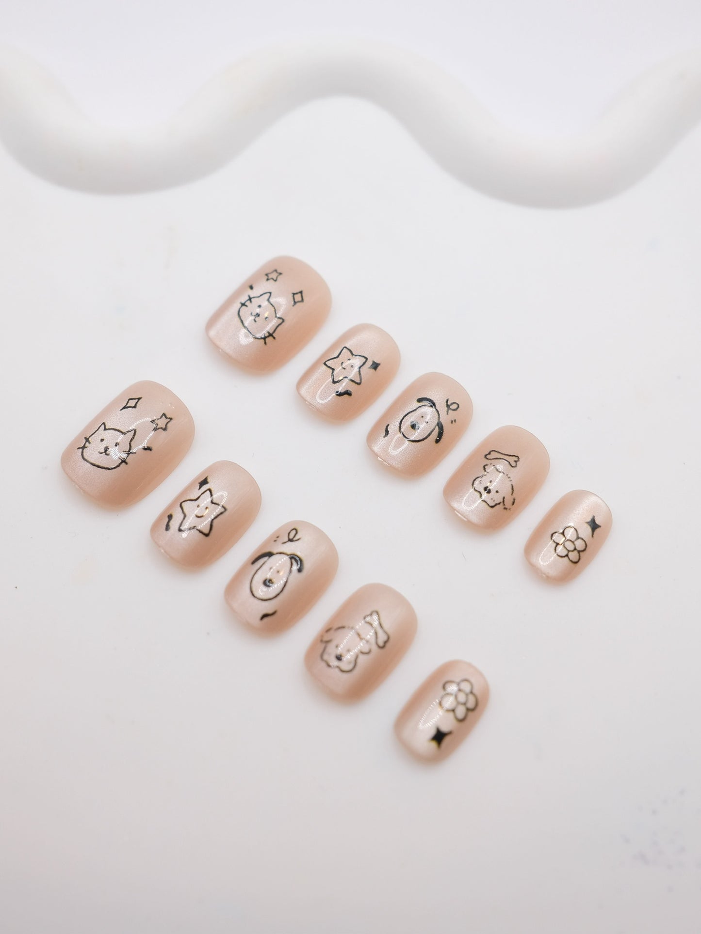 Short Rounded Cat & Puppy Nude Color Press On Nails
