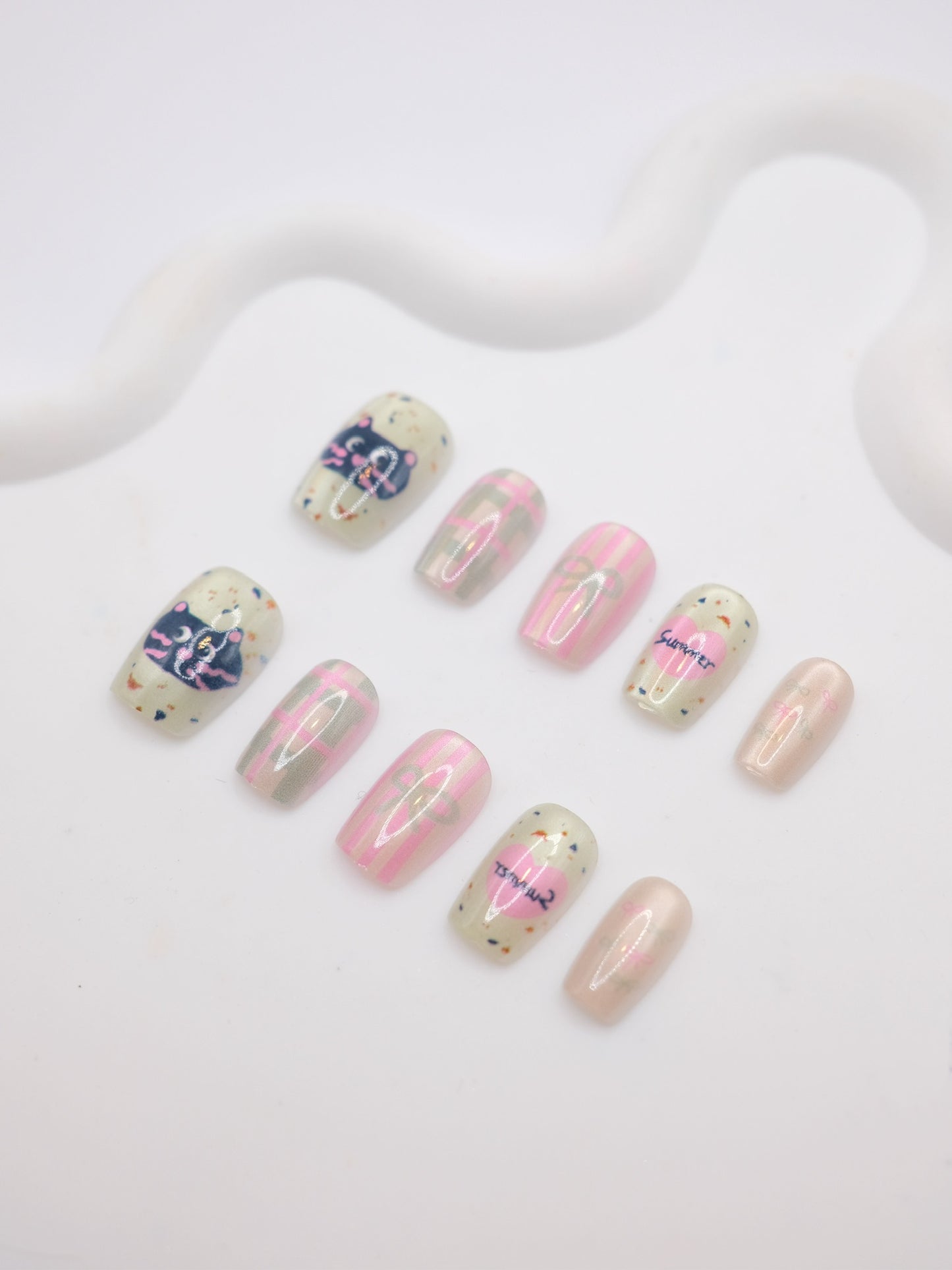 Short Coffin Cute Summer Cat Press On Nails