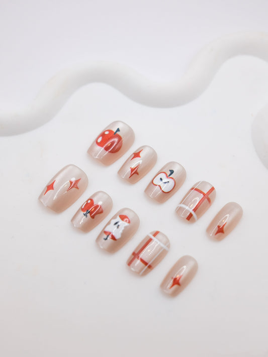 Short Coffin Red Apple On Christmas Eve Press On Nails