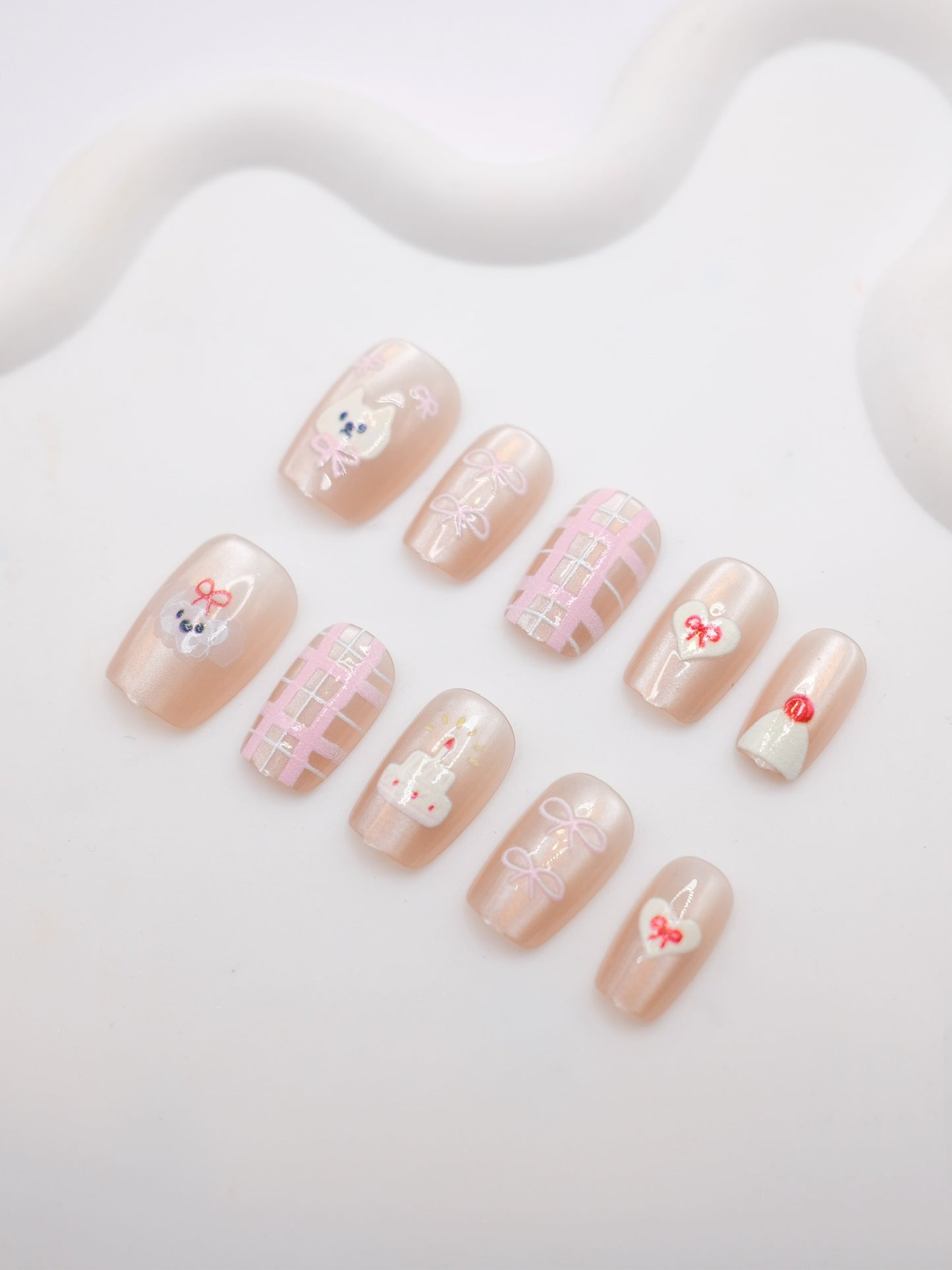 Short Coffin Nude Color Cutie Bear & Cake Press On Nails