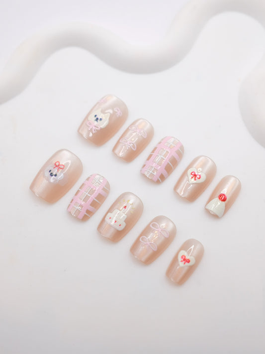 Short Coffin Nude Color Cutie Bear & Cake Press On Nails