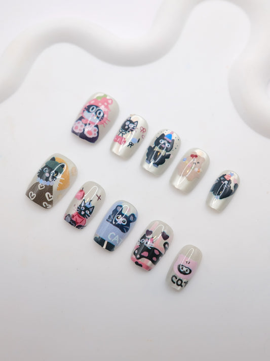 Short Coffin Black & White Cat Press On Nails