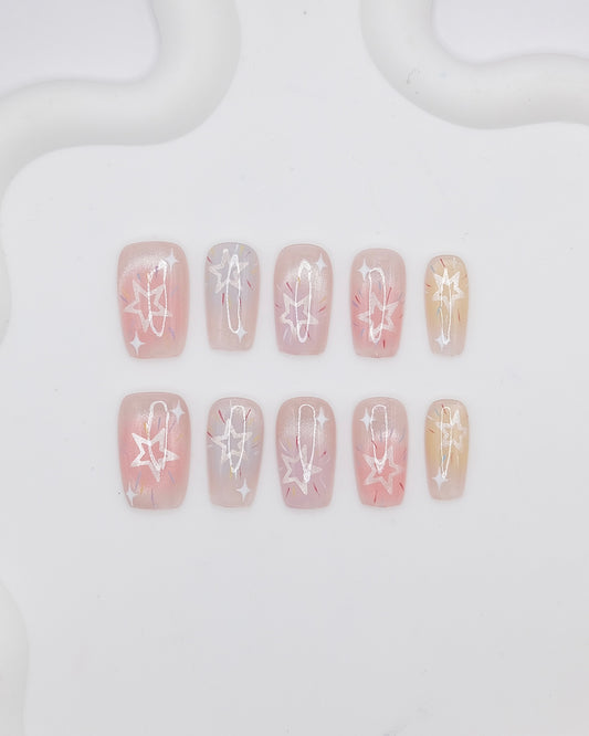 Mid-Long Coffin Colorful Shiny Star Press On Nails