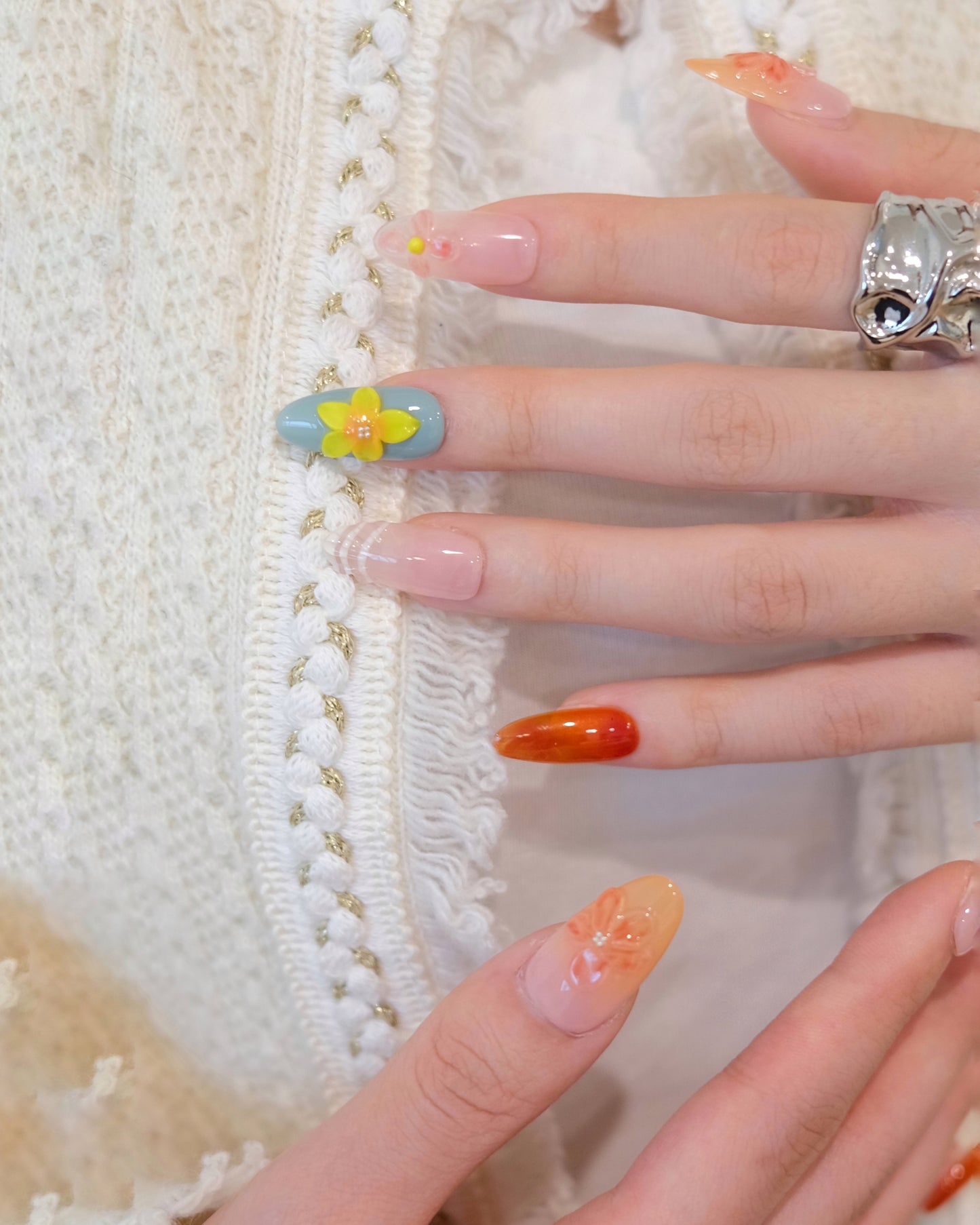 BUYRII X H² Mid-Long Oval Colorful Flower Road Boutique Press On Nails