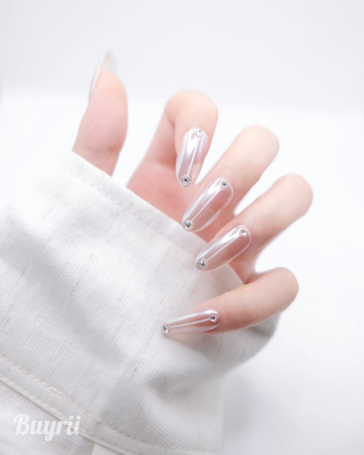 Long Almond Nude Color Magic Mirror With Diamond Press On Nails