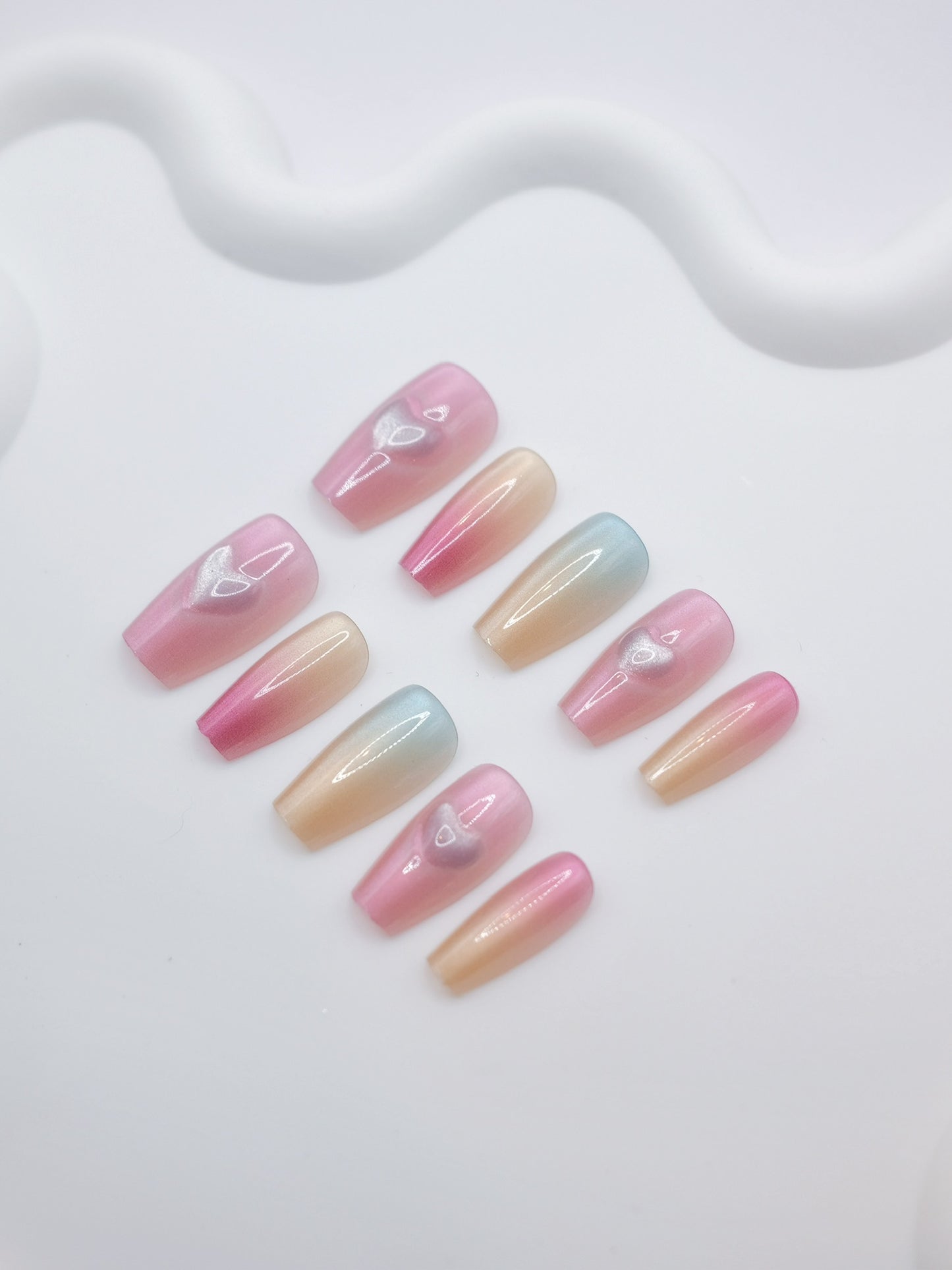 Mid-Long Coffin Colorful Embossed Love Heart Press On Nails