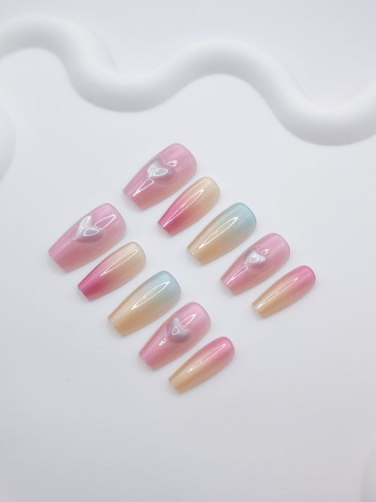 Mid-Long Coffin Colorful Embossed Love Heart Press On Nails