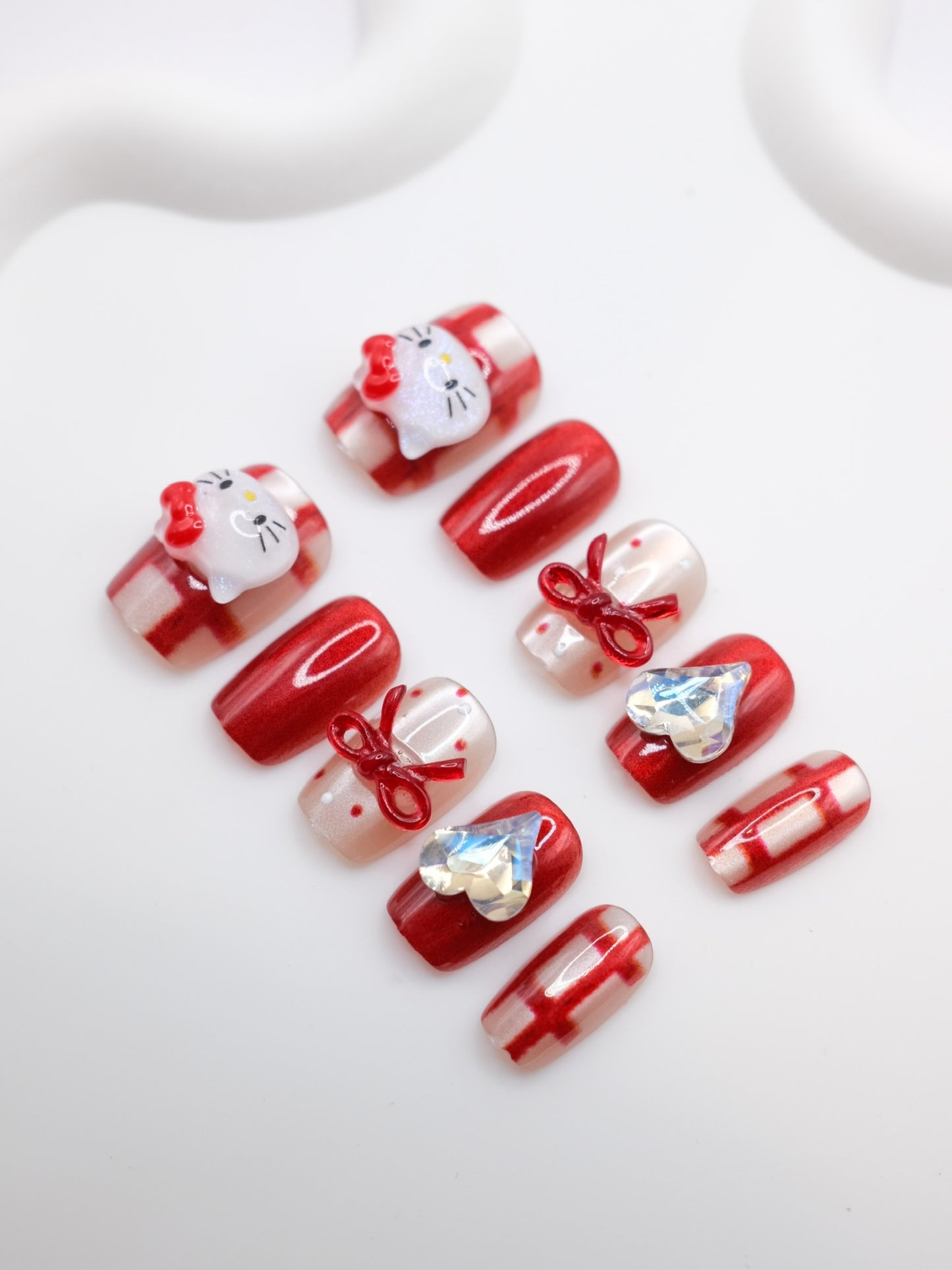 Short Coffin 3D Red Bow tie & Hello Kitty Press On Nails
