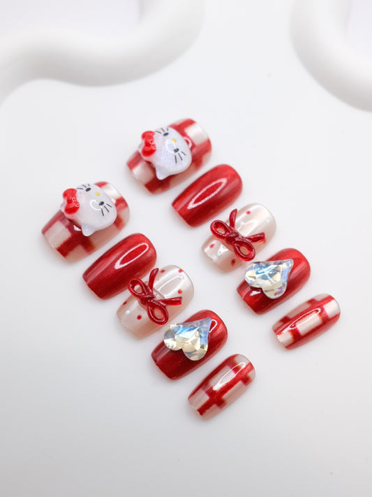 Short Coffin 3D Red Bow tie & Hello Kitty Press On Nails