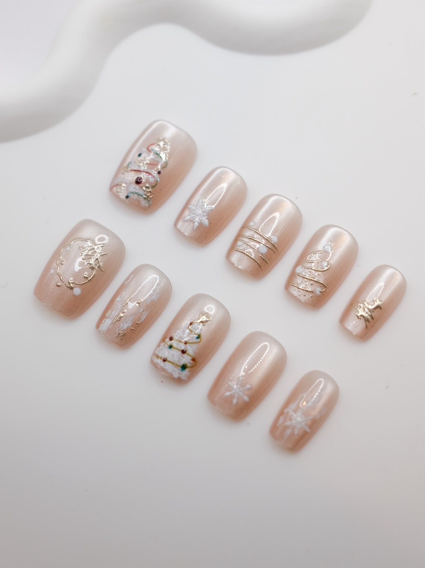 Short Coffin Embossed Christmas Tree Press On Nails