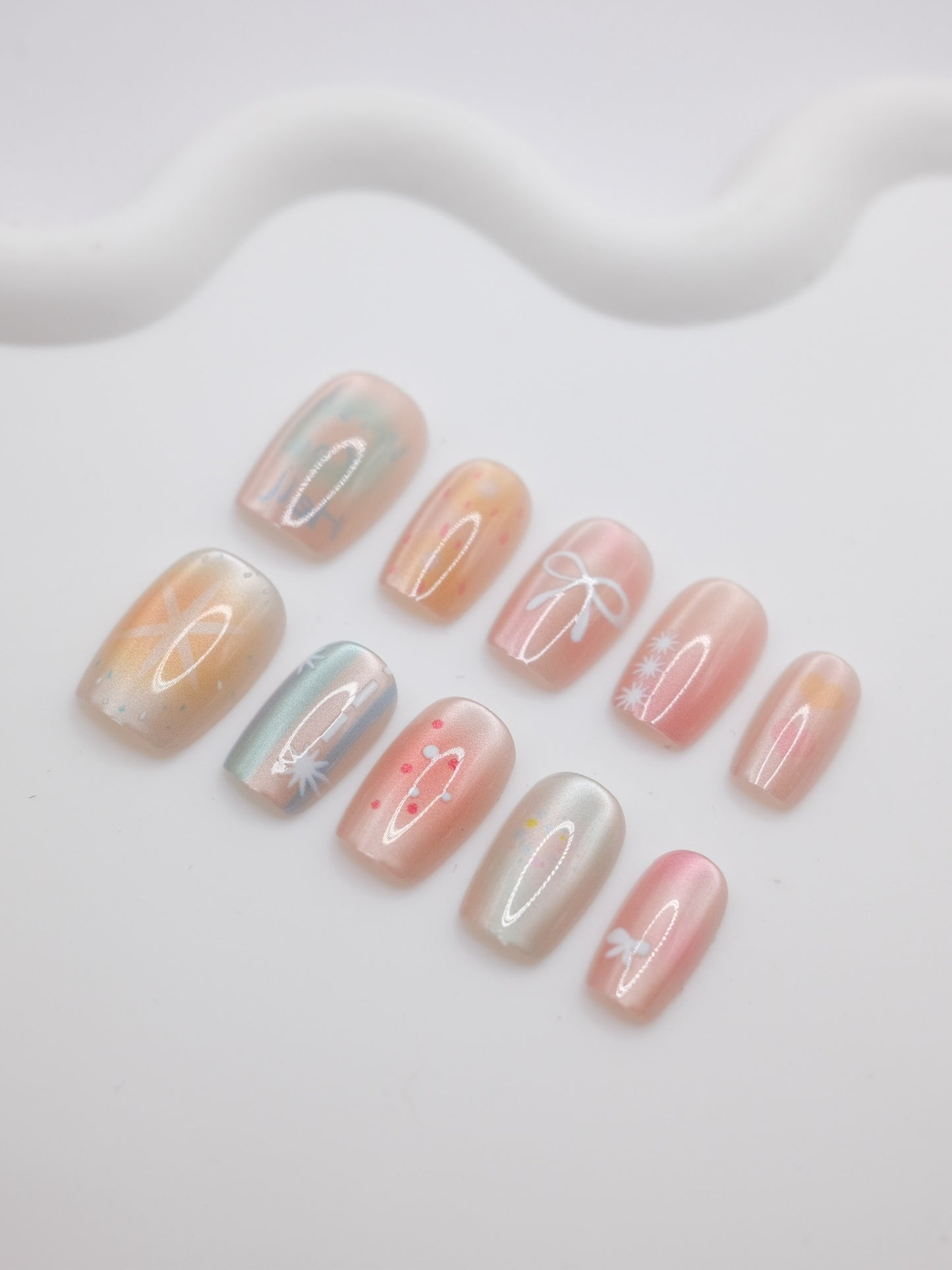 Short Coffin Colorful Dreamy Bowtie Press On Nails