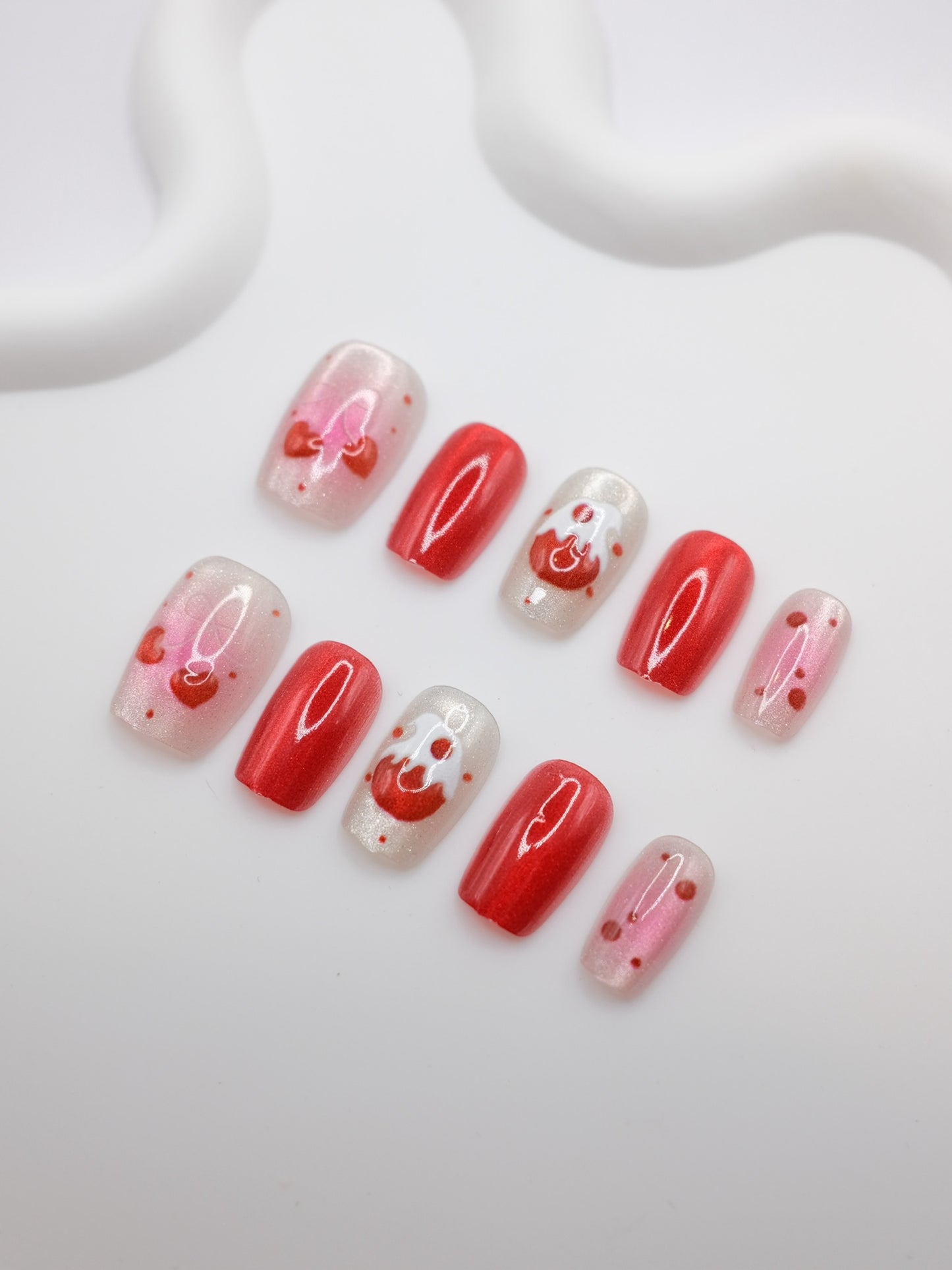 Short Coffin Red Embossed Cherry Cupcakes Press On Nails