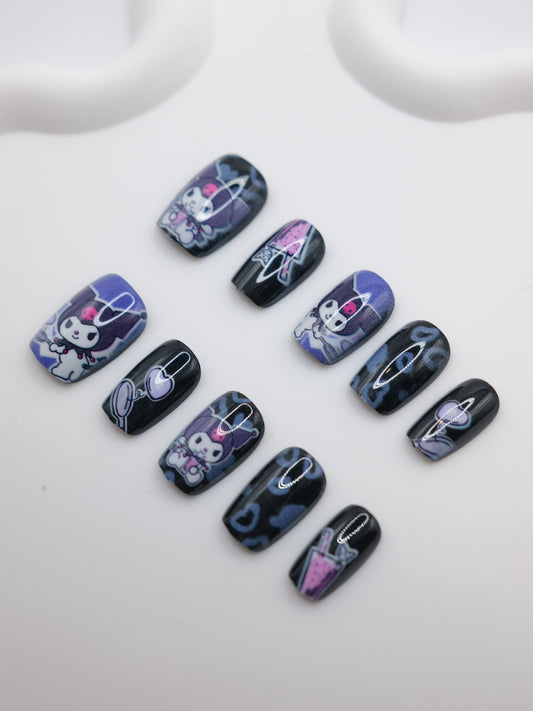 Short Coffin Black & Purple Kuromi Press on Nails