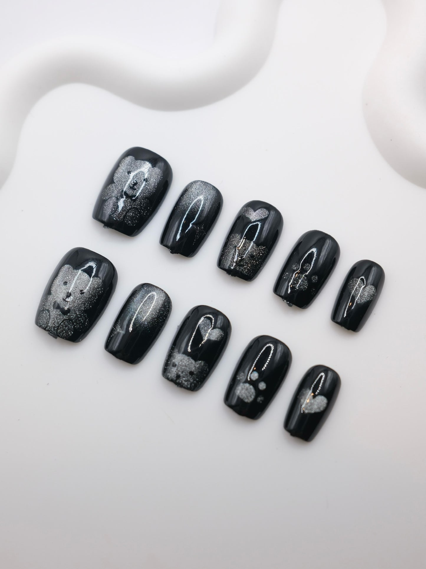 Short Coffin Black Cateye Cute Bear Press On Nails