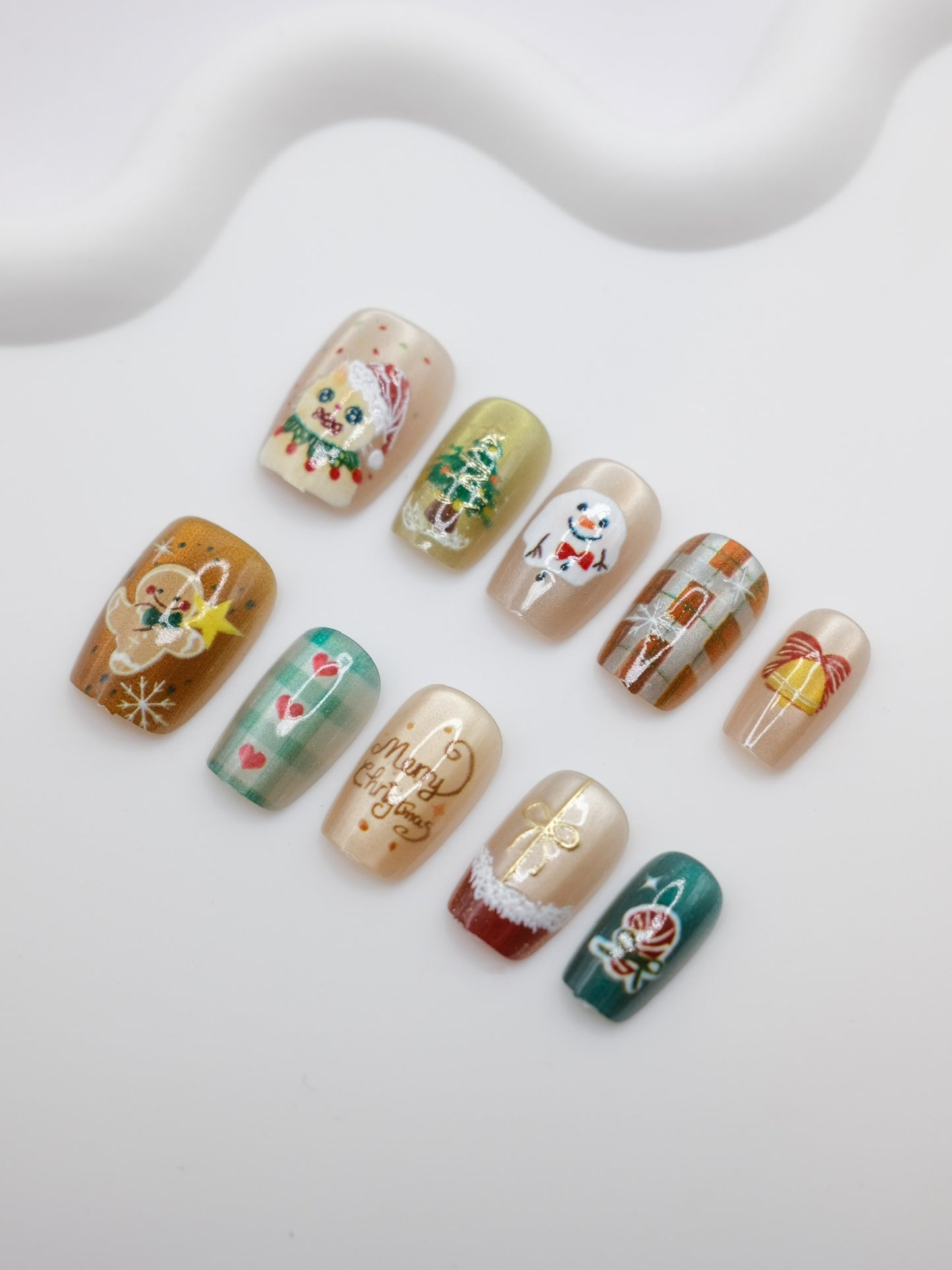 Short Coffin Brown Snowman & Gingerbread Man Press On Nails