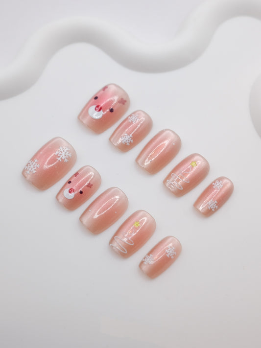 Short Coffin Pink Cateye Cute Elk Press On Nails