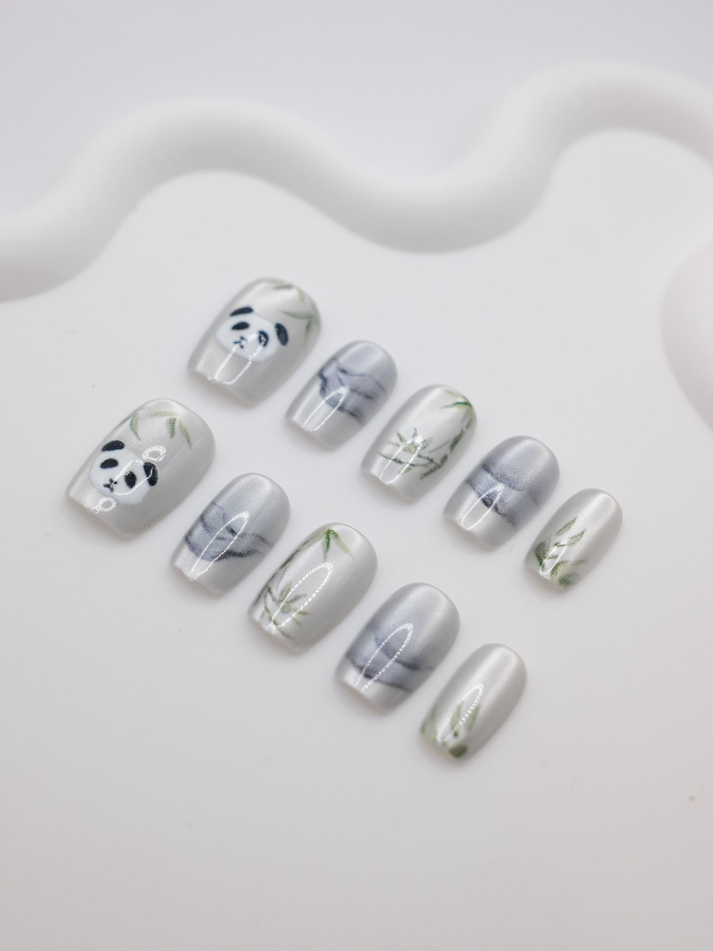 Short Coffin White Panda Ink Wash Painting Press On Nails