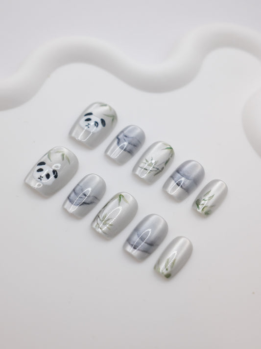 Short Coffin White Panda Ink Wash Painting Press On Nails