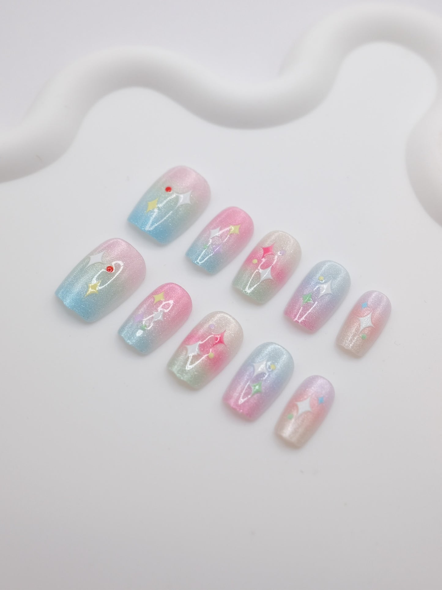 Short Coffin Dreamy Colorful Gradient Stars Press On Nails