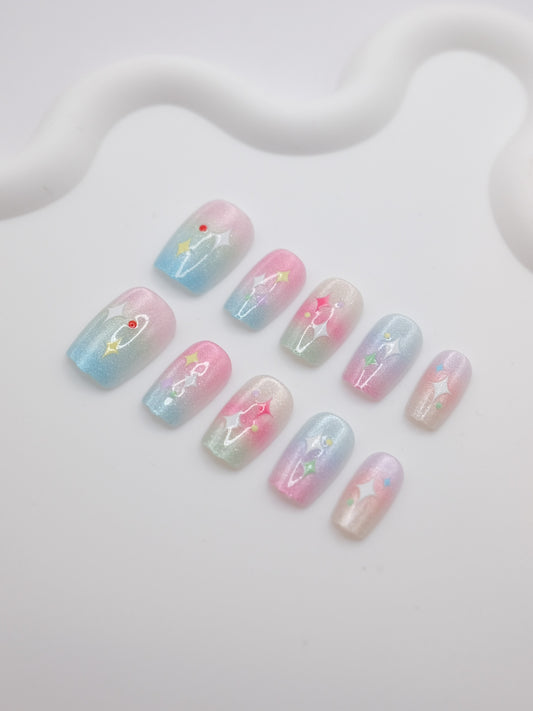 Short Coffin Dreamy Colorful Gradient Stars Press On Nails