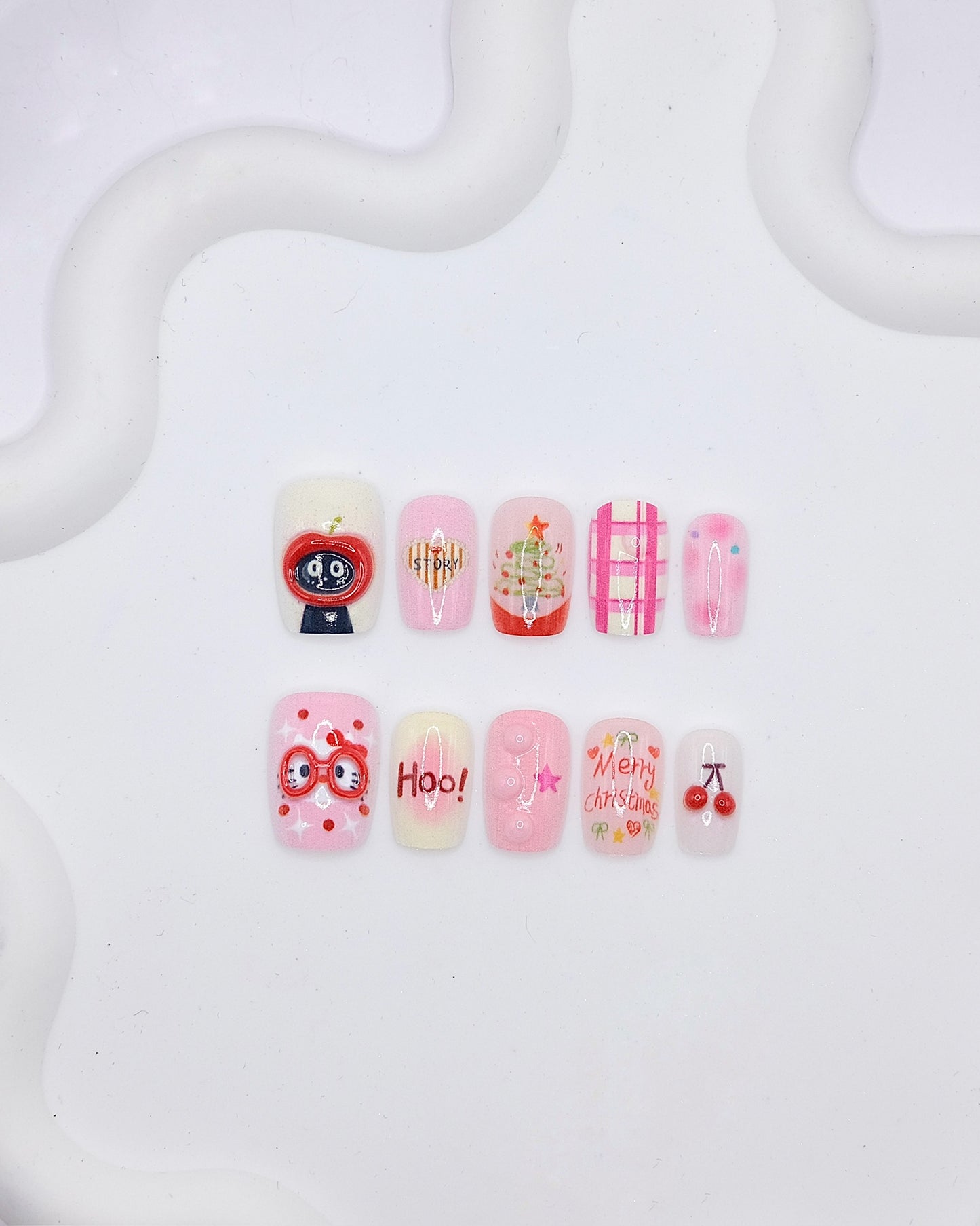 Short Coffin 3D Pink Cherry Cartoon Press On Nails