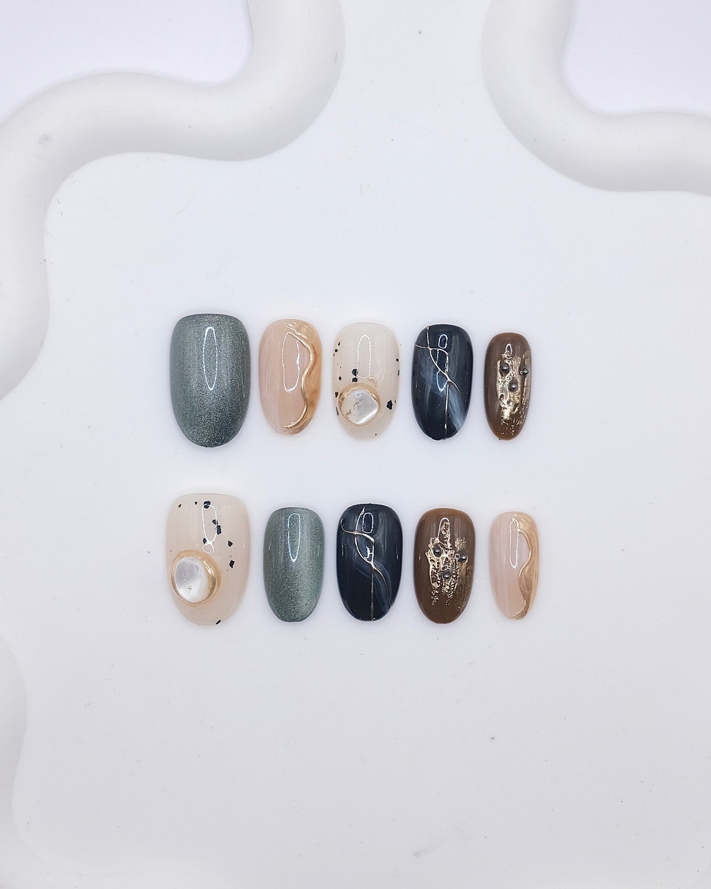 Mid-Long Oval 3D Earth Tone Gemstone Gold Foil Press On Nails