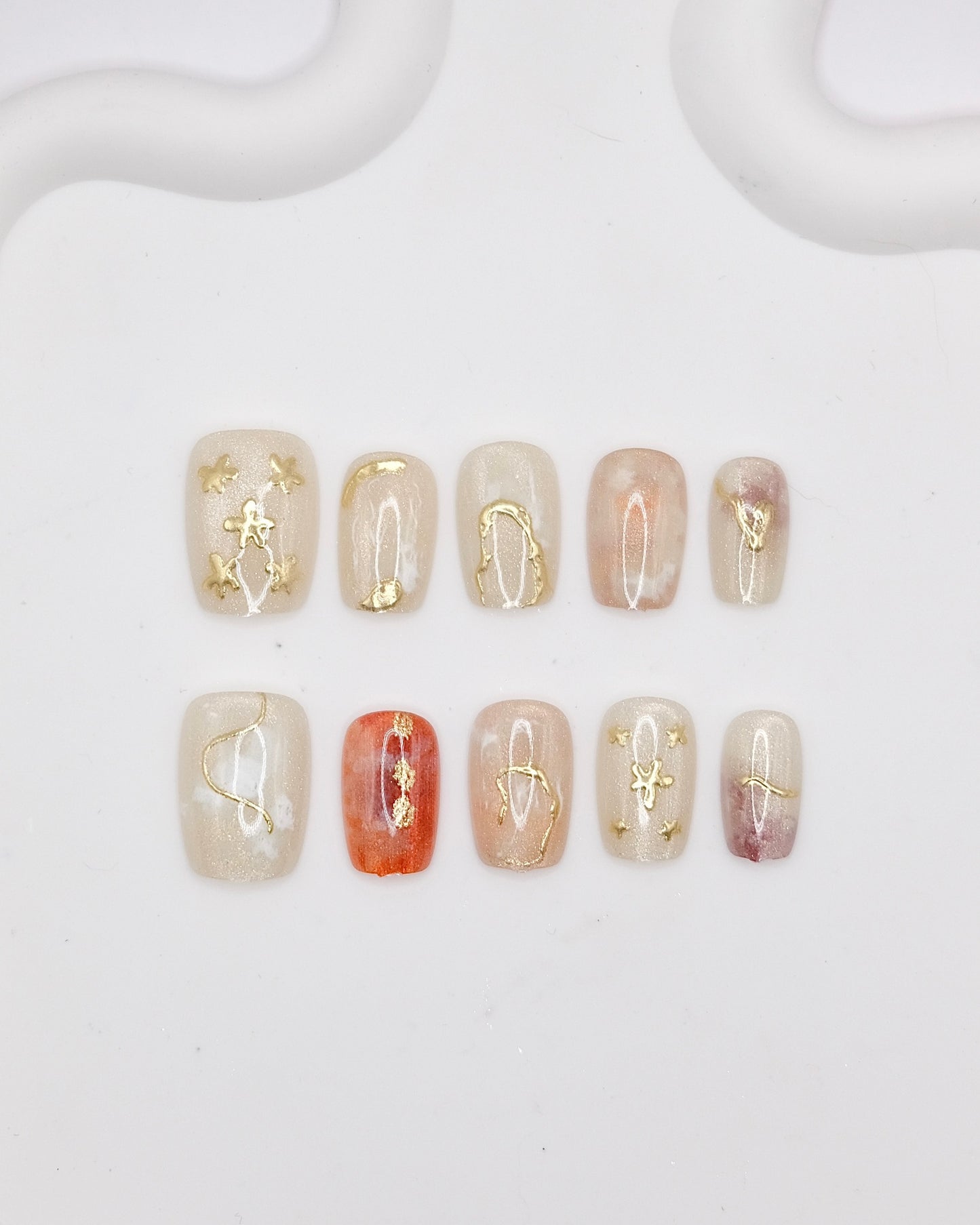 Short Coffin White & Gold Fall Season Press On Nails