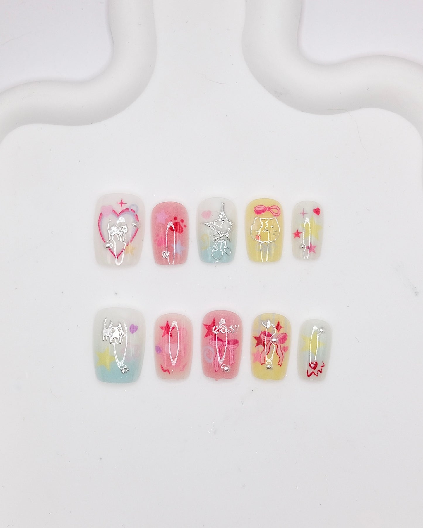 Short Coffin Colorful Love Heart Press On Nails