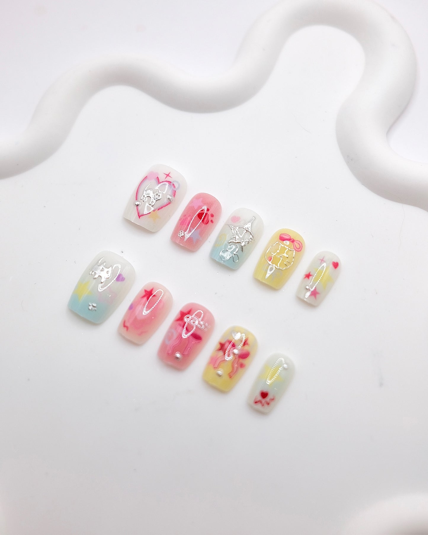 Short Coffin Colorful Love Heart Press On Nails