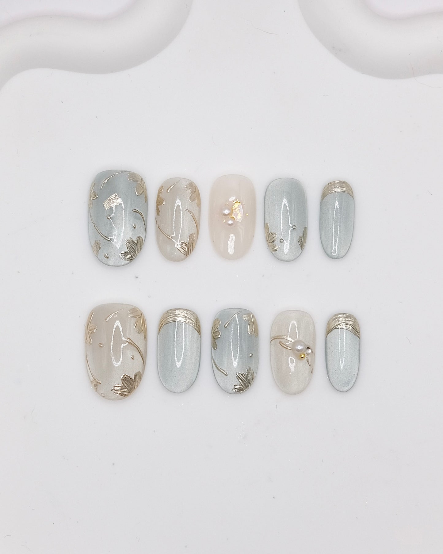 Mid-Long Oval White & Blue With Embossed Flower Press On Nails