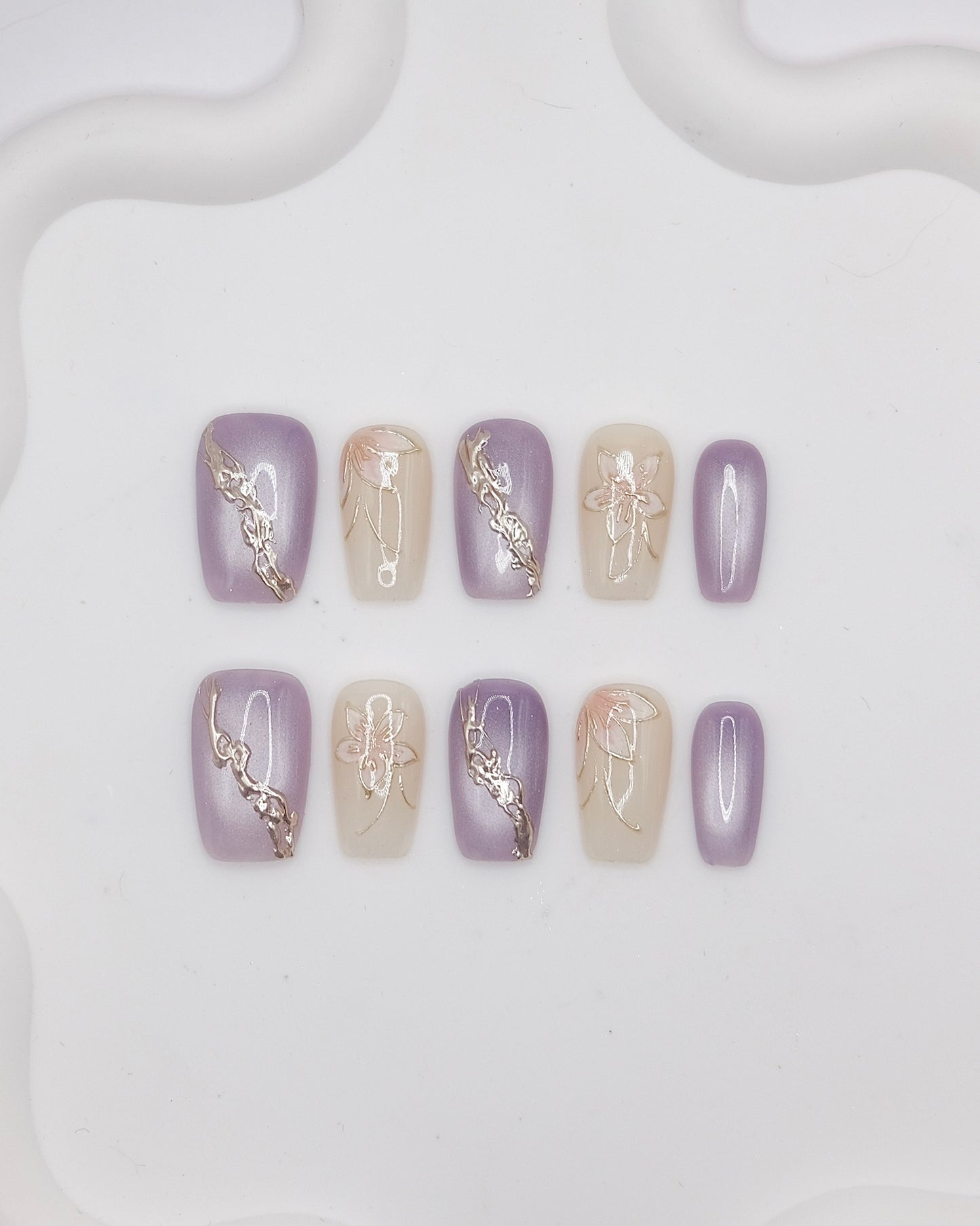 Mid-Long Coffin Purple & White Embossed Flower Press On Nails