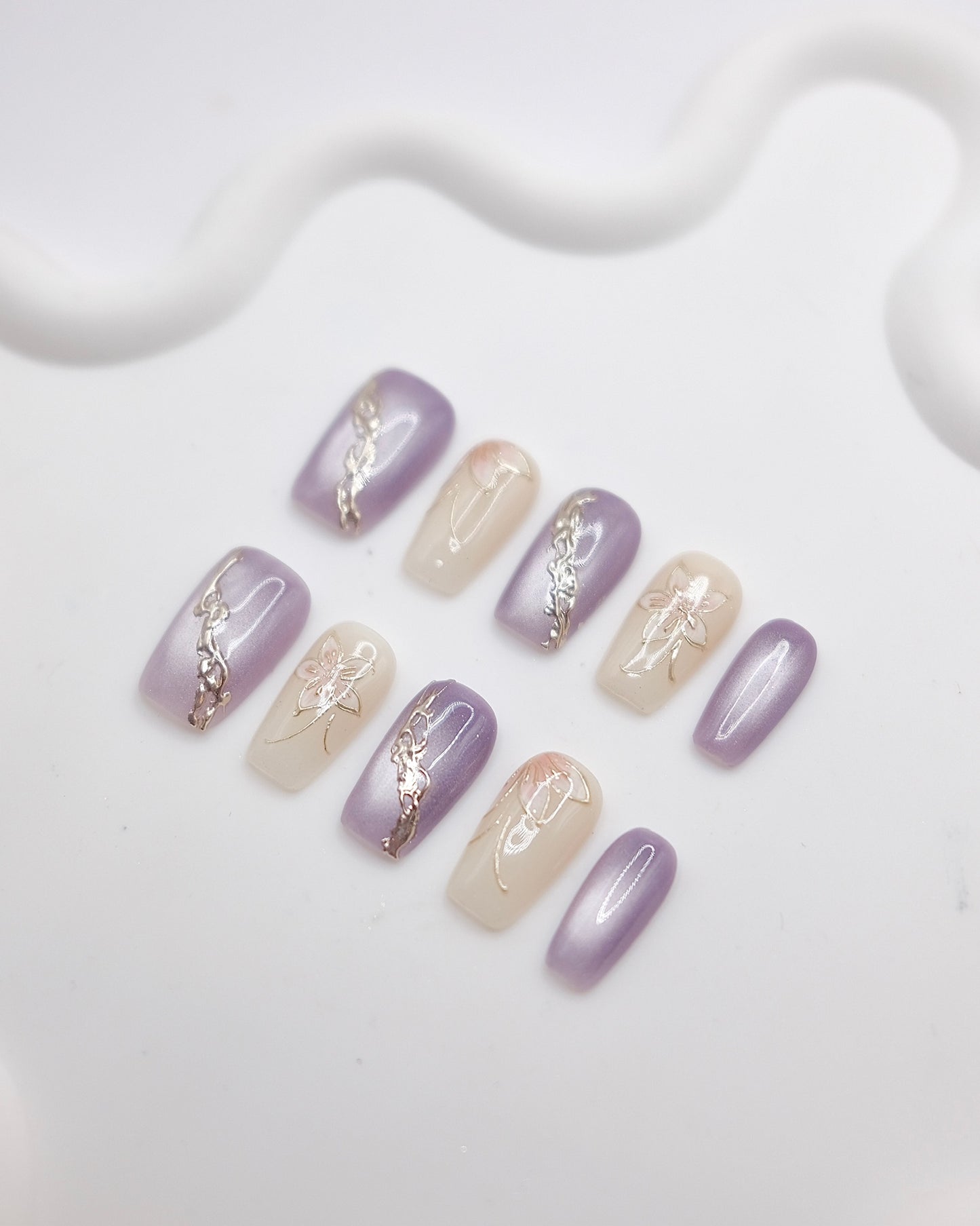 Mid-Long Coffin Purple & White Embossed Flower Press On Nails