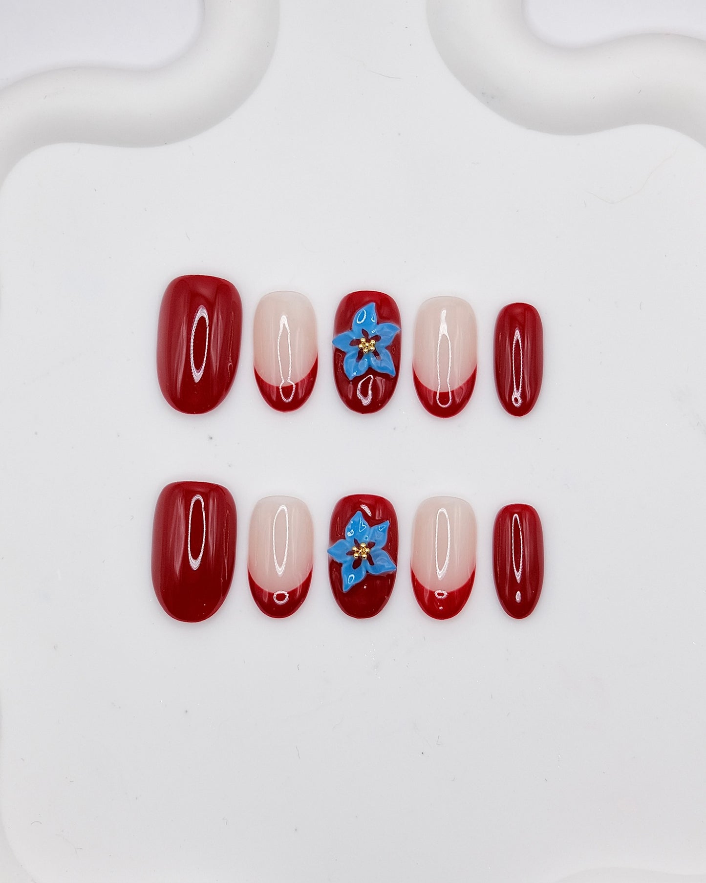 Mid-Long Oval Red & Nude Color Flower French Manicure Press On Nails