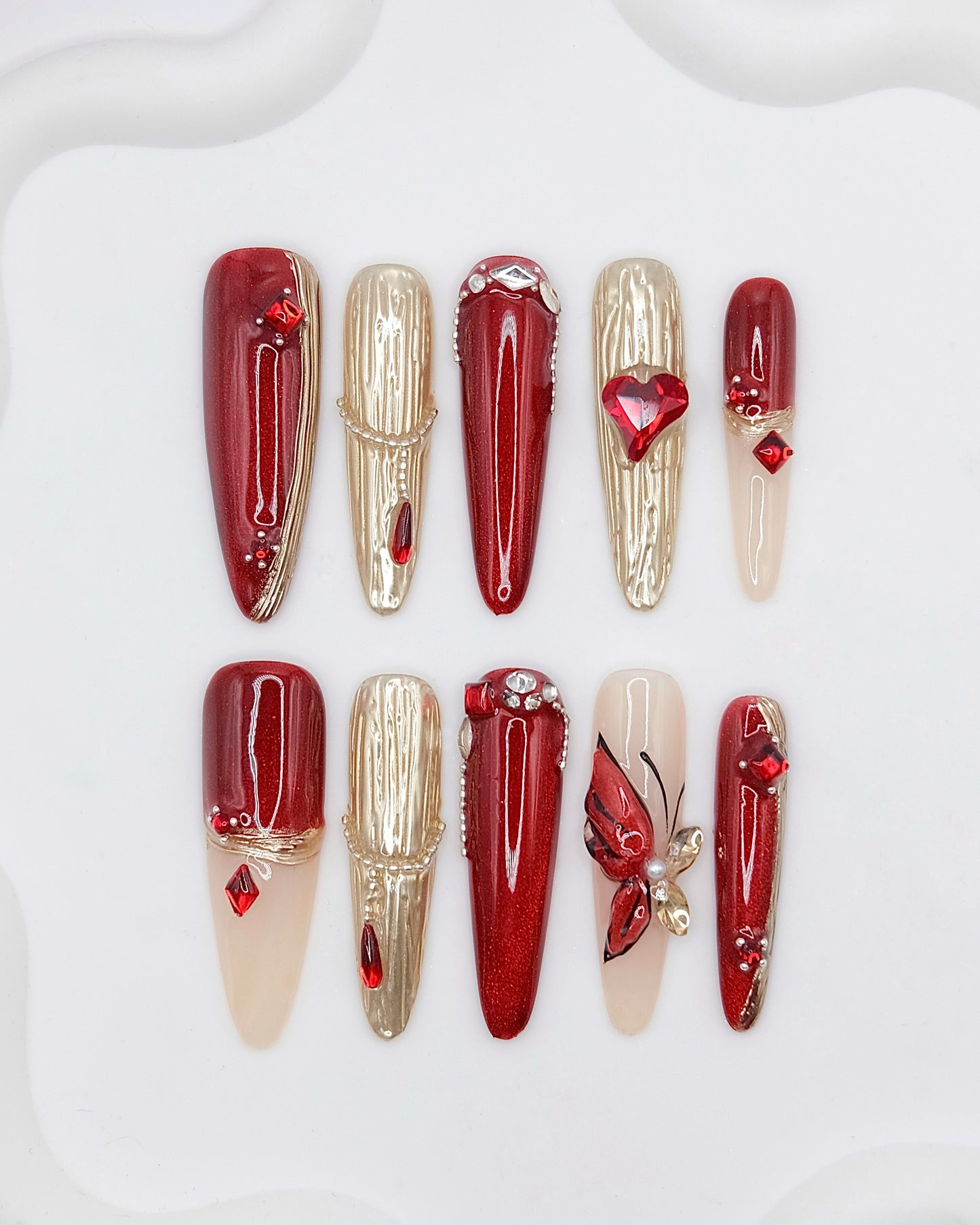 BUYRII X H² Extra Long Stiletto Ruby Gem & Diamond French Manicure Press On Nails