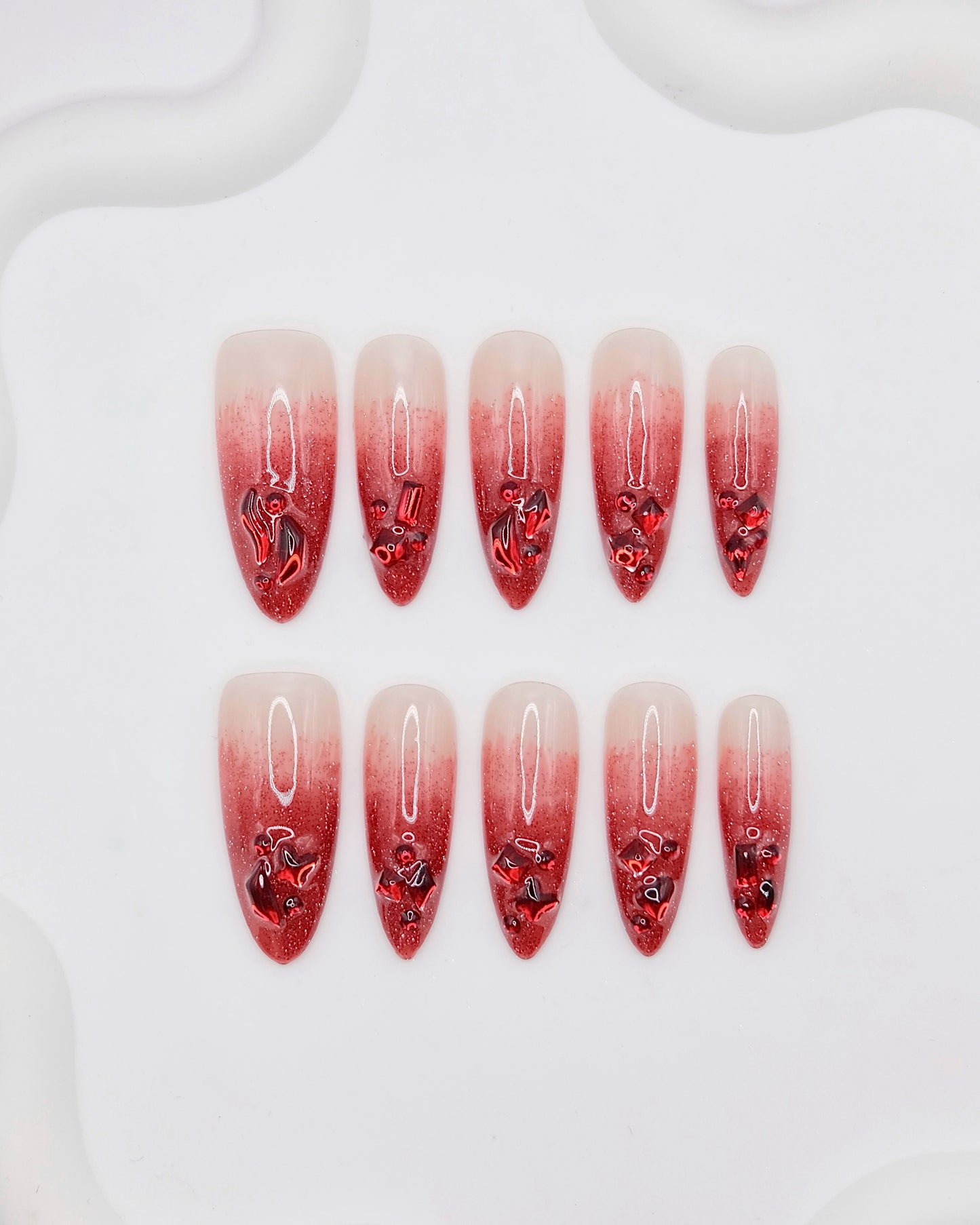 BUYRII X H² Long Stiletto Ruby French Manicure Crimson Memory Press On Nails