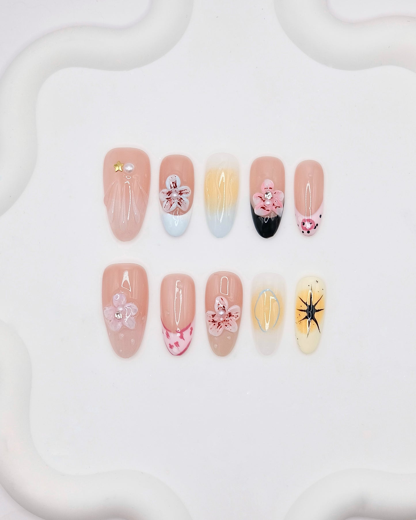 BUYRII X H² Mid-Long Oval Nude Sakura Flower Road Press On Nails
