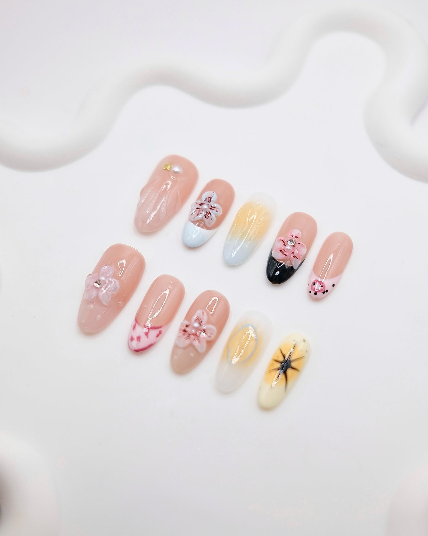 BUYRII X H² Mid-Long Oval Nude Sakura Flower Road Press On Nails