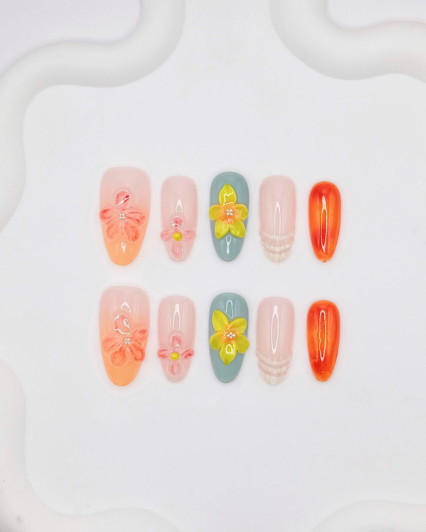 BUYRII X H² Mid-Long Oval Colorful Flower Road Boutique Press On Nails