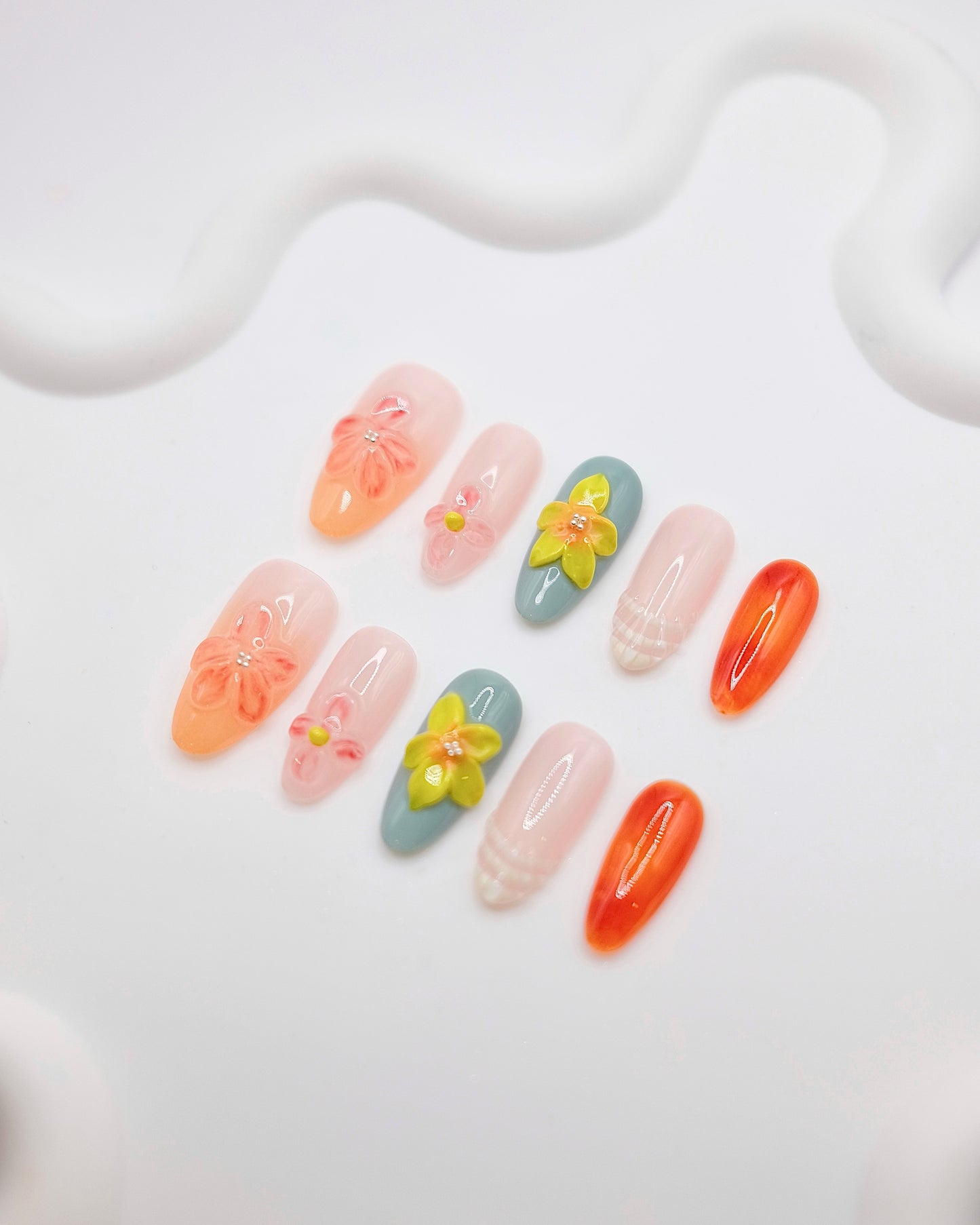 BUYRII X H² Mid-Long Oval Colorful Flower Road Boutique Press On Nails