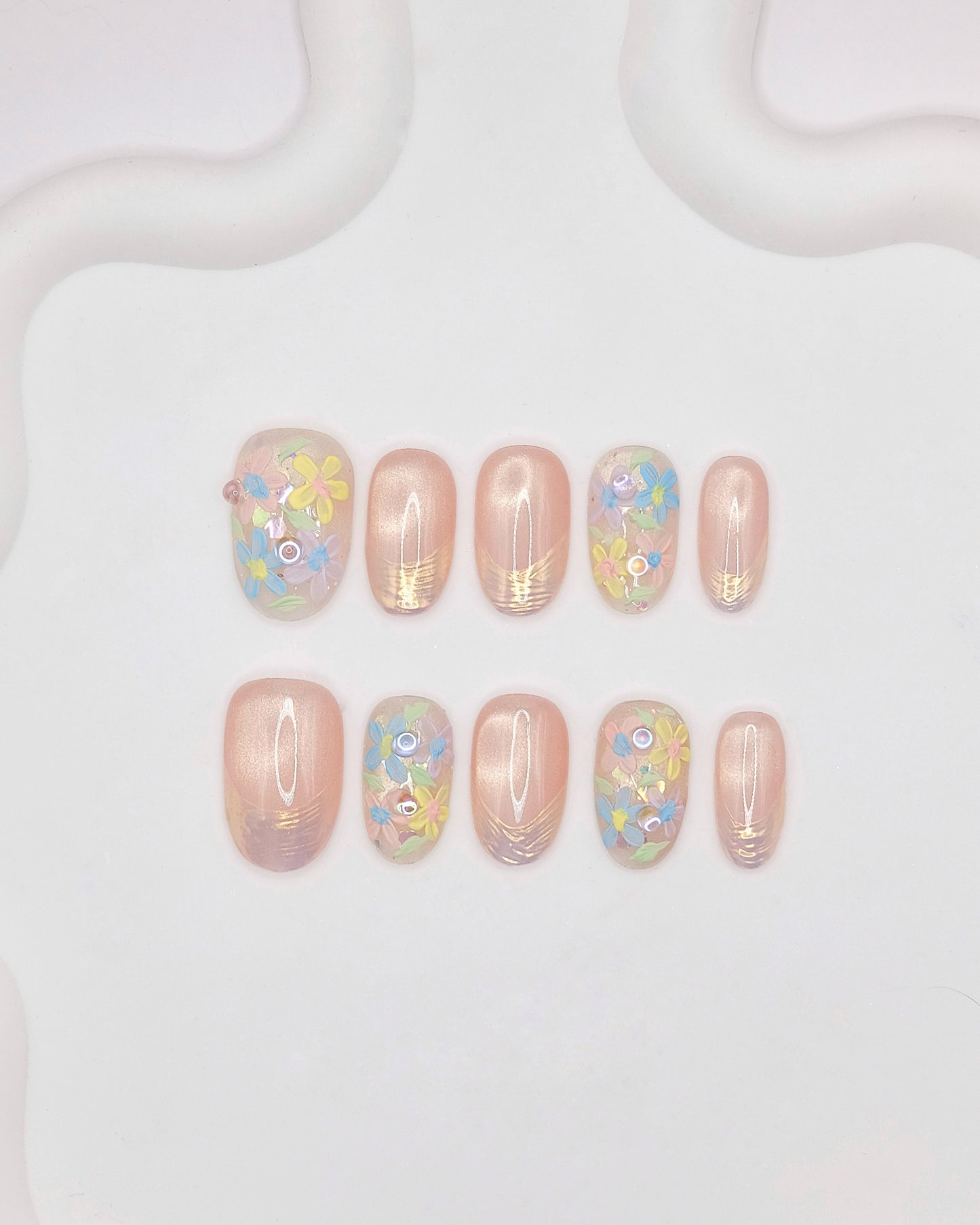 BUYRII X H² Short Oval Pink Painted Colorful Flower Road Press On Nails