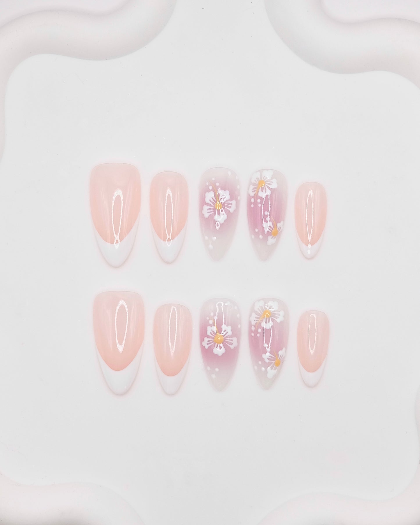 BUYRII X H² Long Oval Pink & White French Manicure Flower Road Press On Nails
