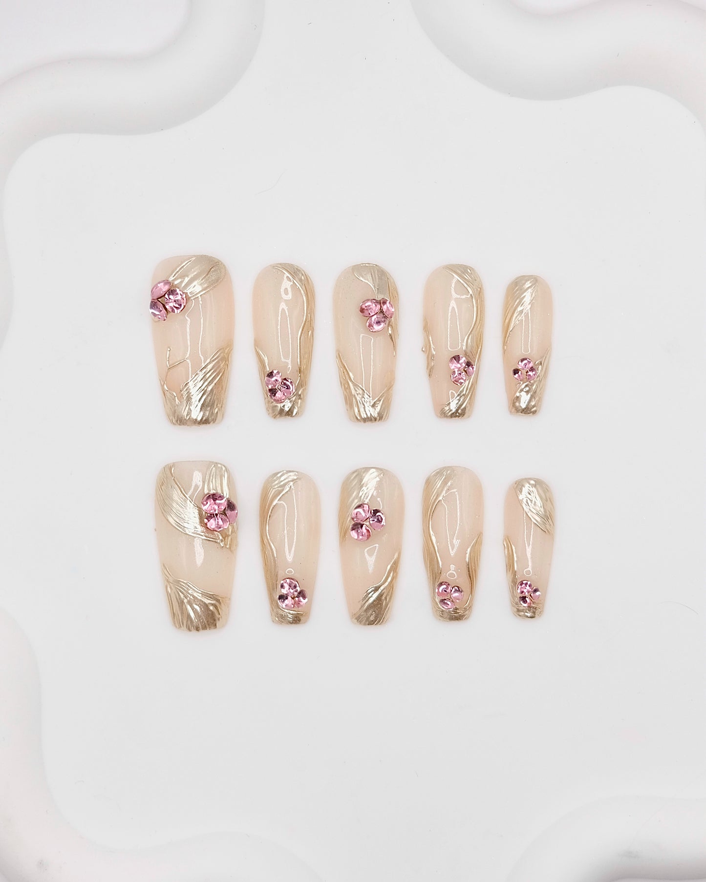 BUYRII X H² Long Coffin Gold Embossed & Diamond Shy Press On Nails