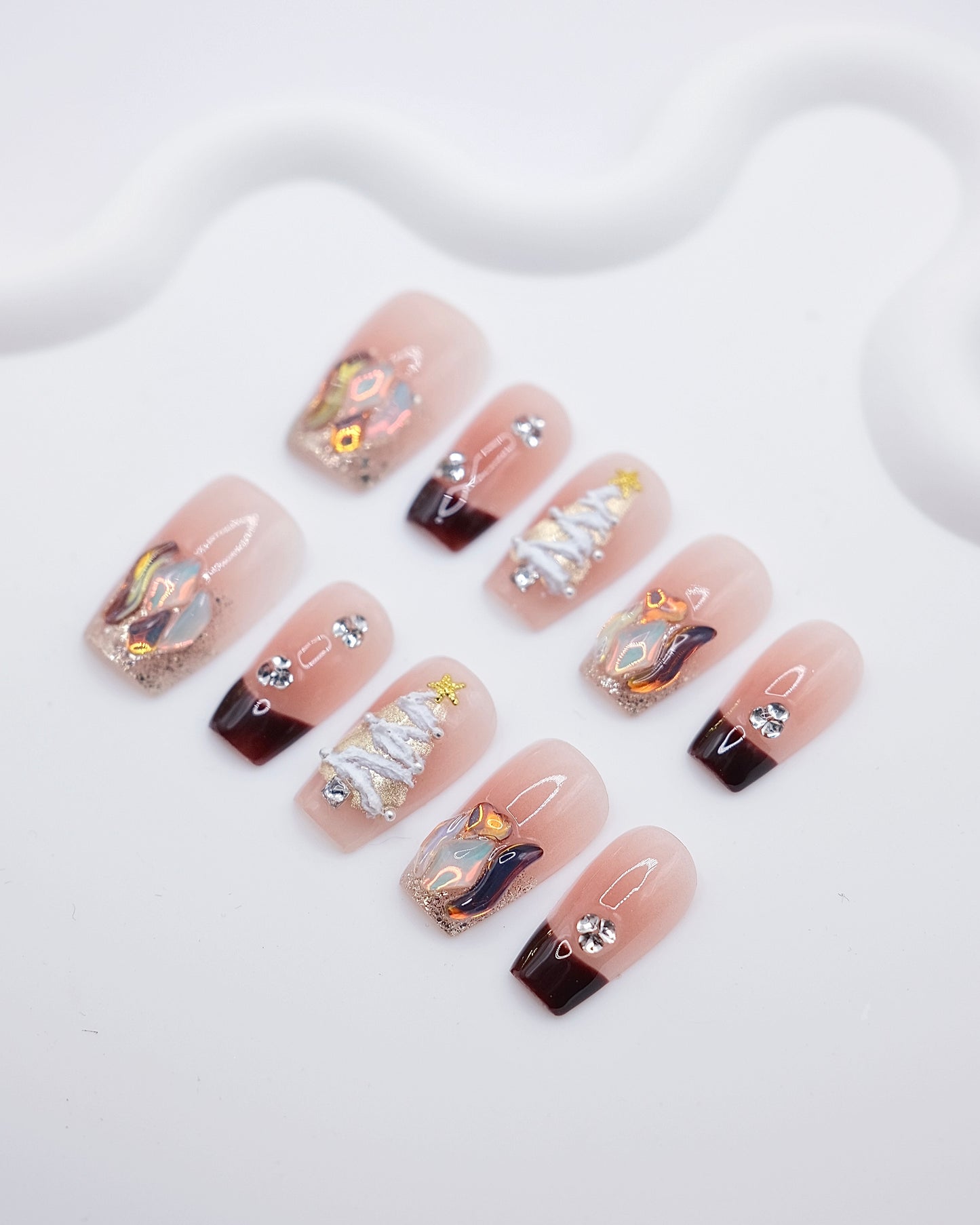 Mid-Long Coffin Diamond With Embossed Christmas Tree Press On Nails