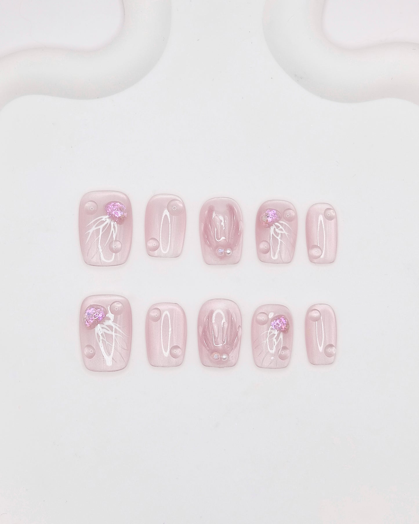 BUYRII X H² Short Coffin Pink Embossed Jellyfish Shy Press On Nails