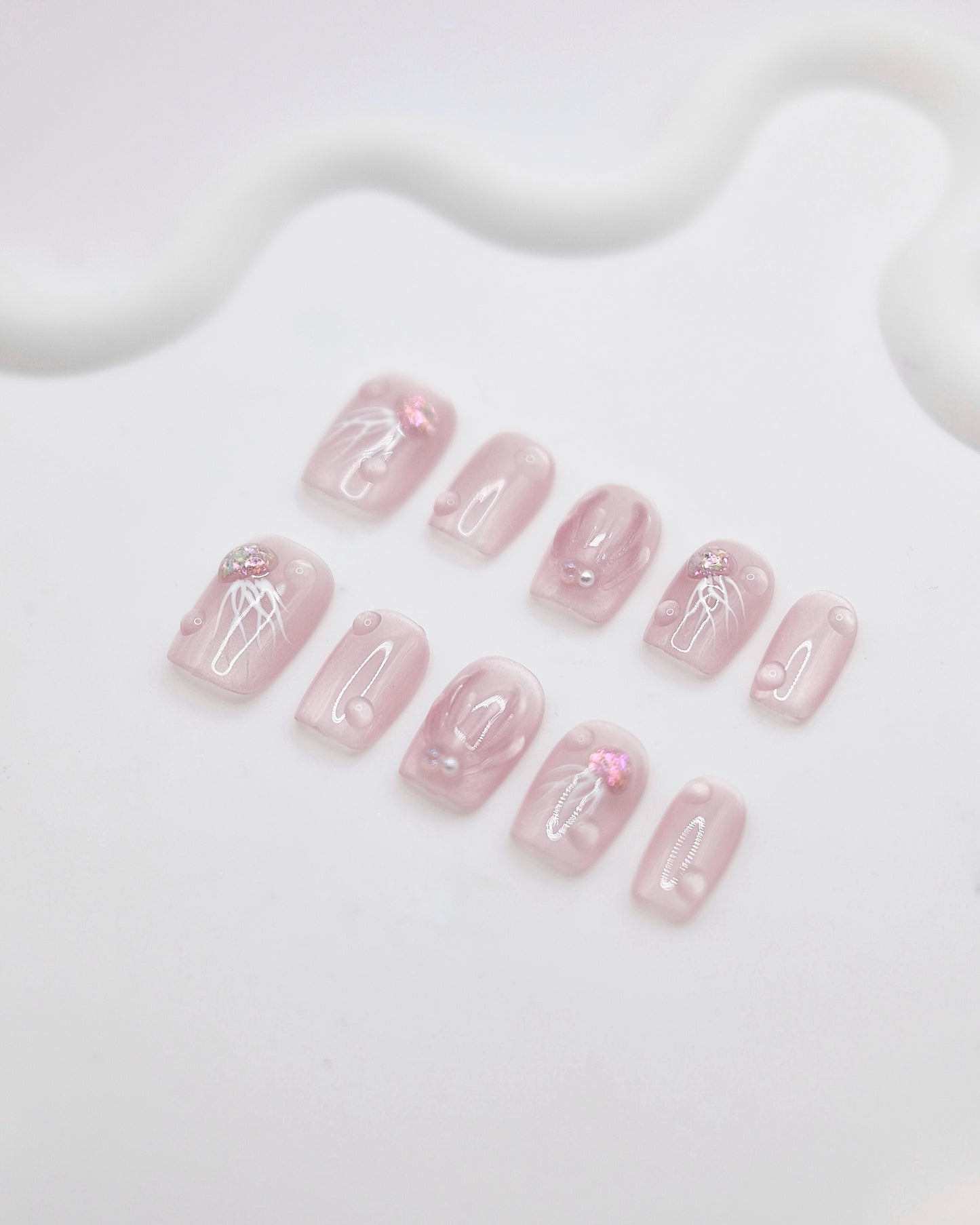 BUYRII X H² Short Coffin Pink Embossed Jellyfish Shy Press On Nails