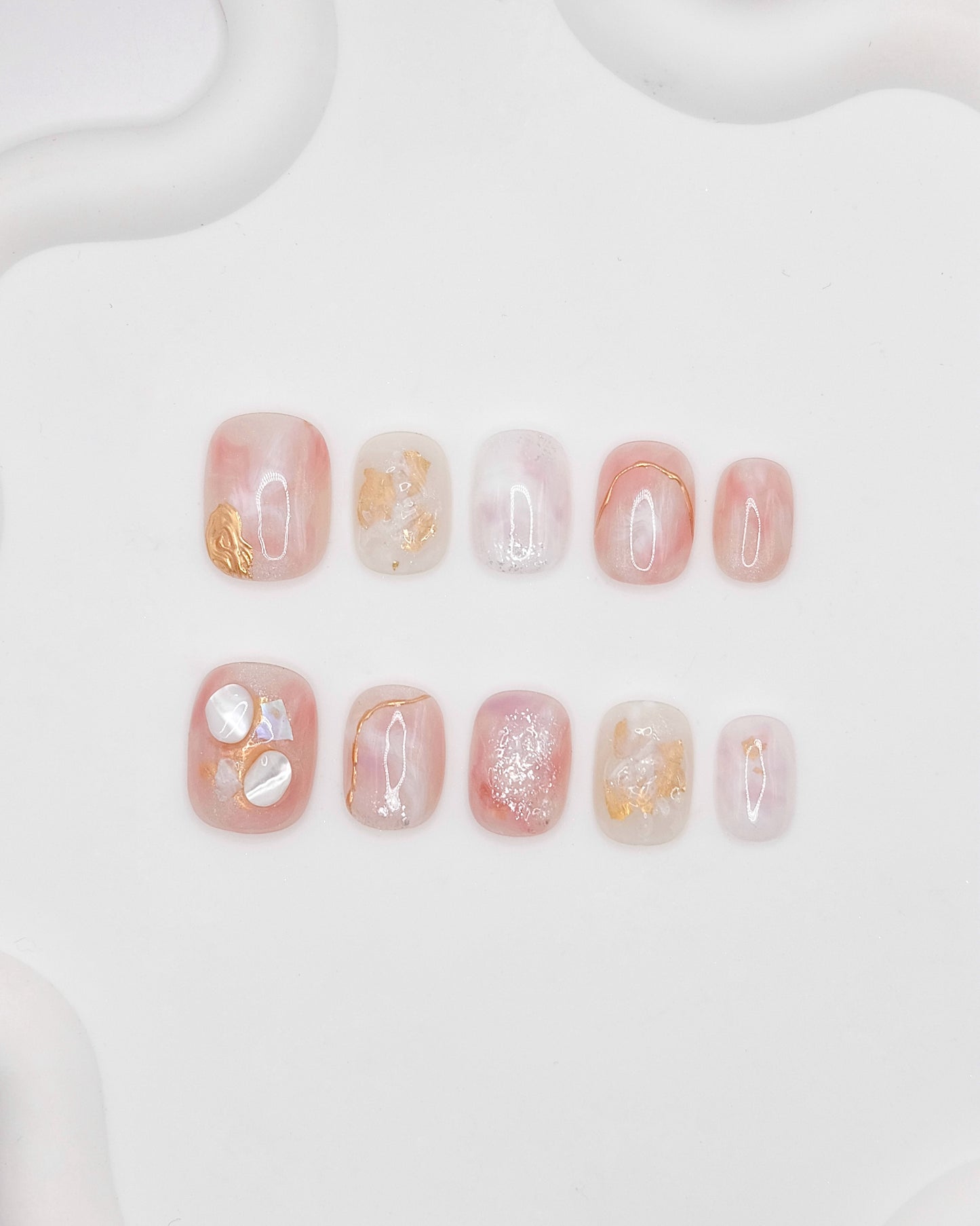 BUYRII X H² Short Rounded Pink & White Pearl Shy Press On Nails