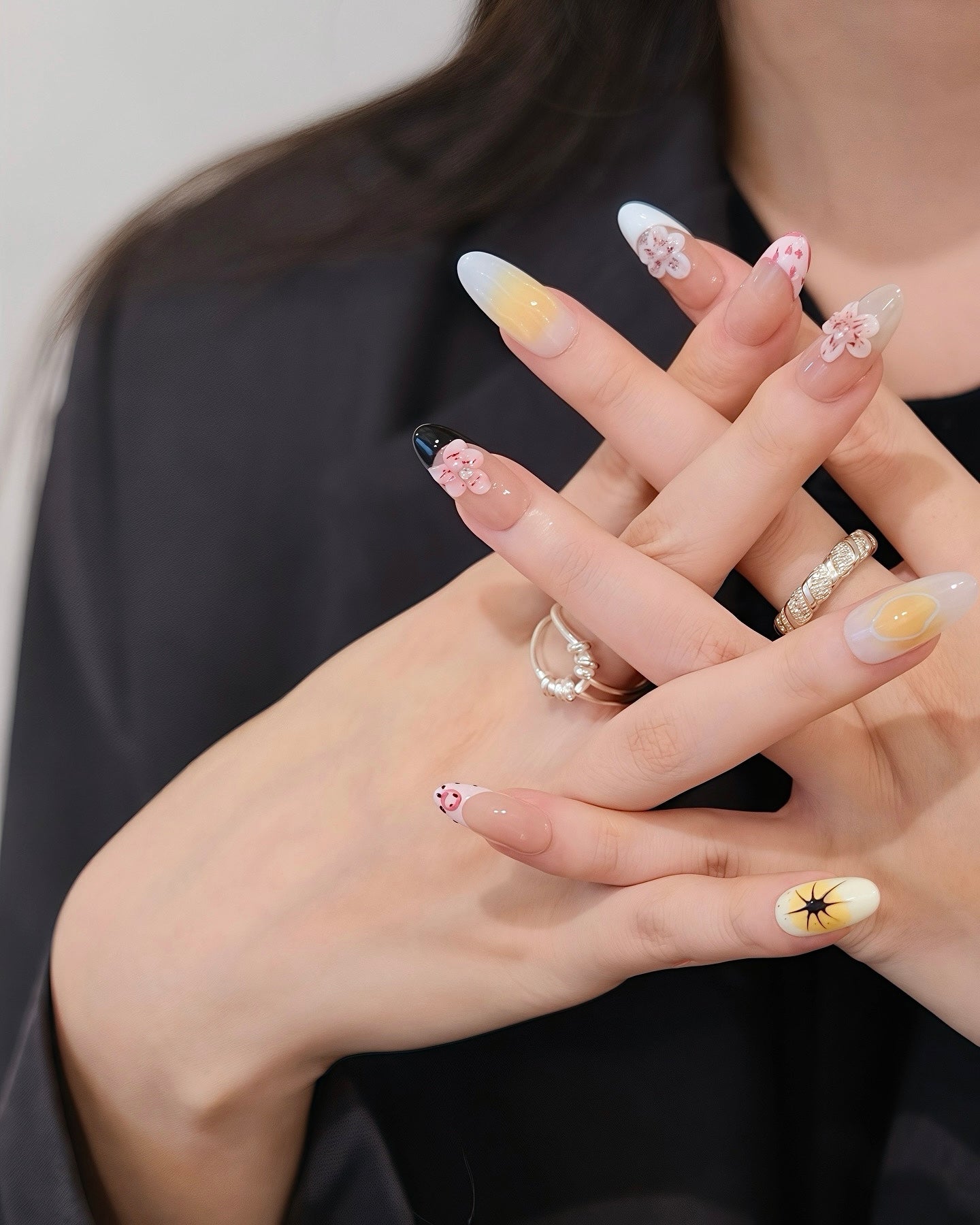 BUYRII X H² Mid-Long Oval Nude Sakura Flower Road Press On Nails